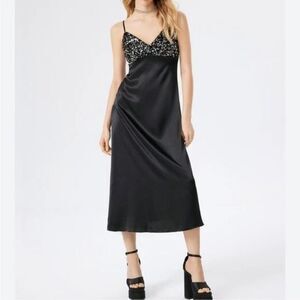 House of Harlow Sequined Black Satin Slip Dress